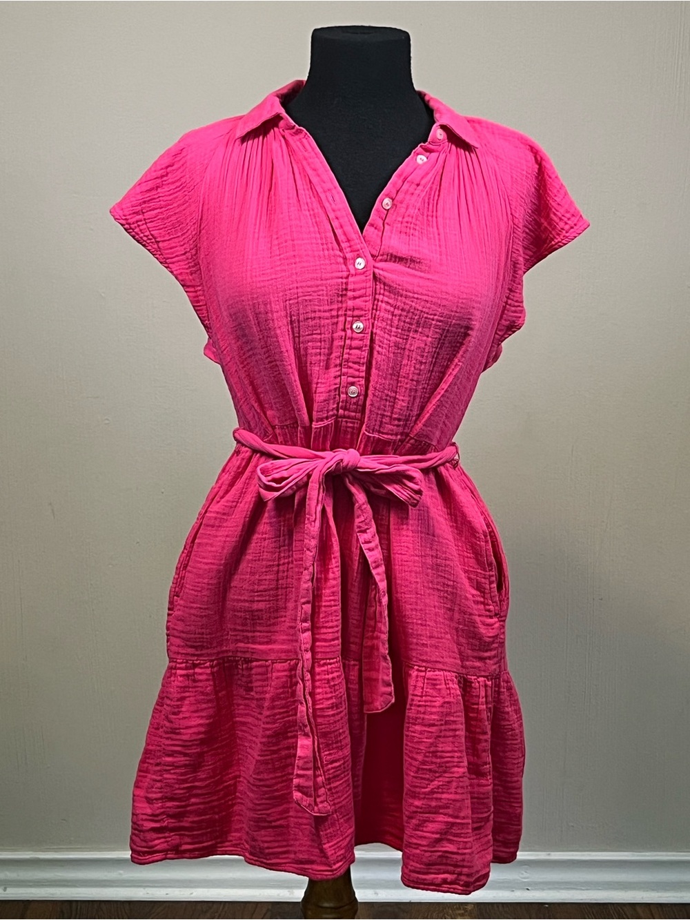GAP Pink Cotton Gauze Belted Mini Shirt Dress Size S